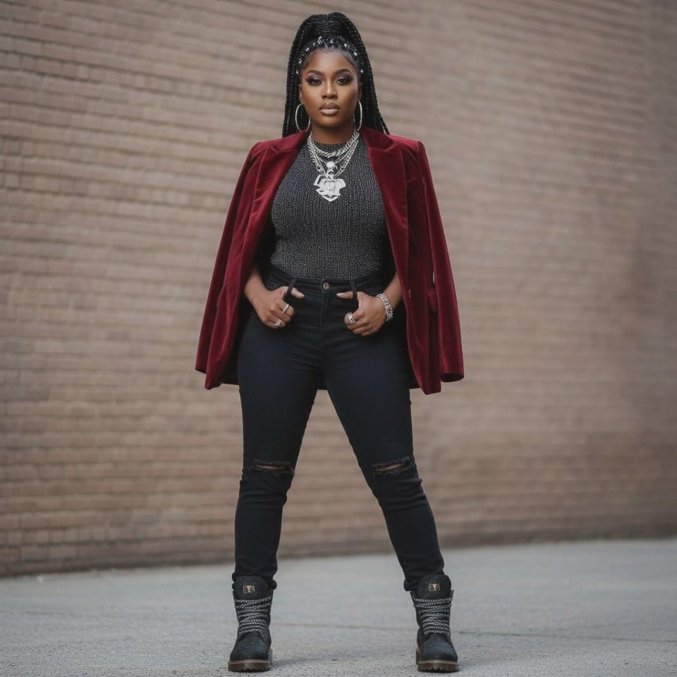 Woman wearing a red jacket, black top, and jeans standing against a brick wall.