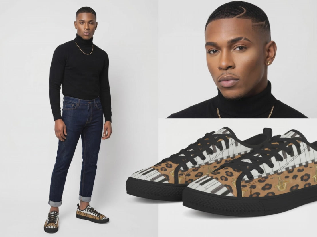 Rich and Rich Men's Brown Animal Piano Saxophone Canvas Low Top Sneaker