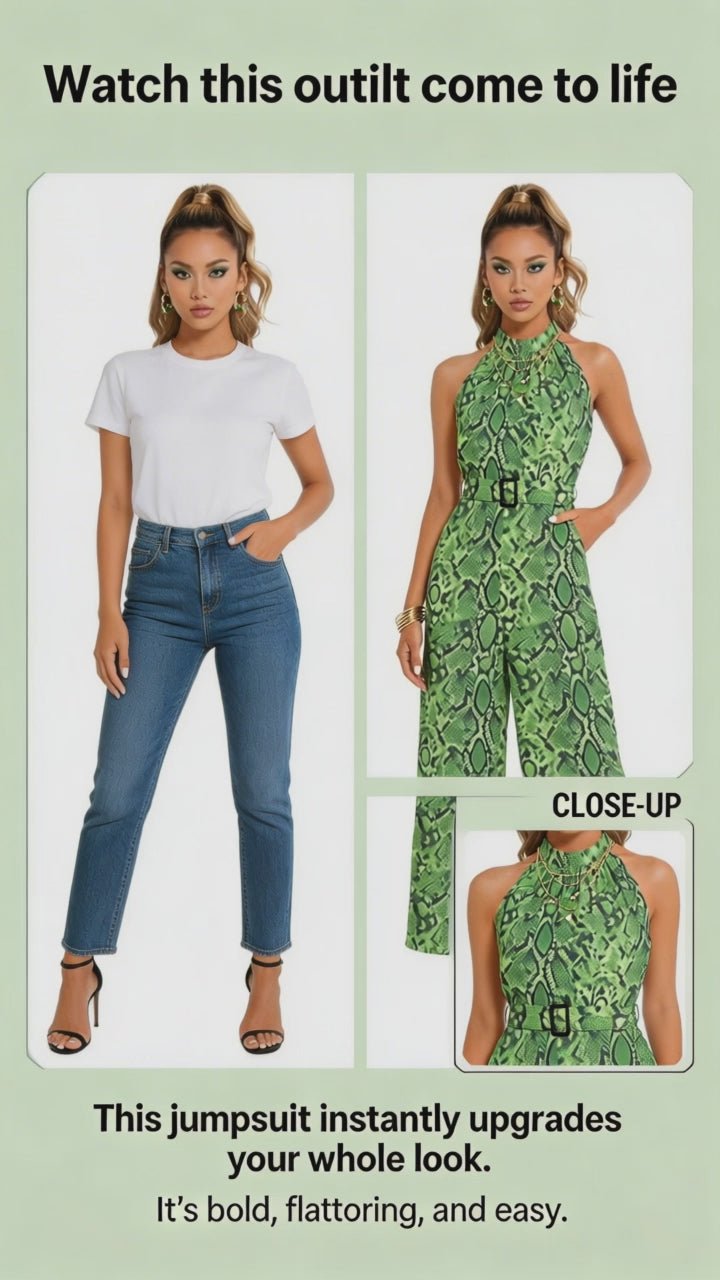 Rich and Rich Women's Green Abstract Print Halter Neck Belted Designer Chiffon Jumpsuit
