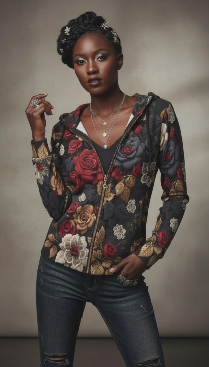 R&RH Women Autumn Flowers Red Full Zip Hoodie