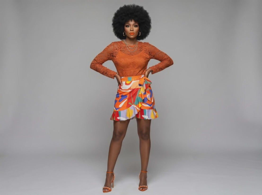 Rich and Rich Orange Abstract Designer Flounce Skirt