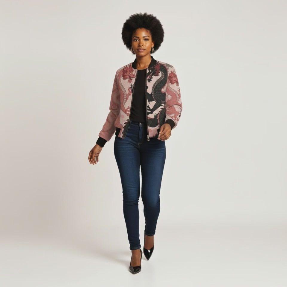 Rich and Rich Pink Dragon Reversible Bomber Jacket for Women