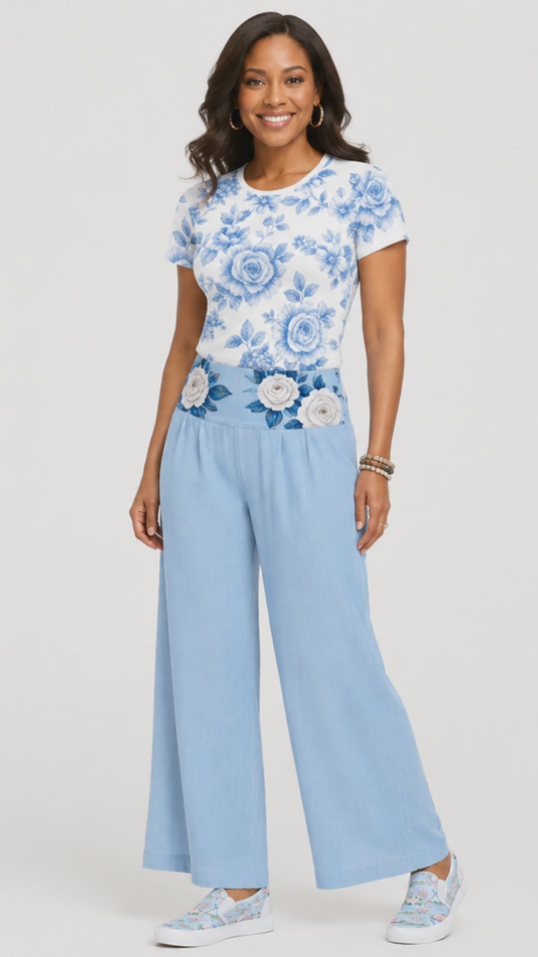 Rich and Rich Blue Pastel Floral Golfing Women’s Pants Set | All-Over Print T-Shirt & Wide Leg Pants Outfit