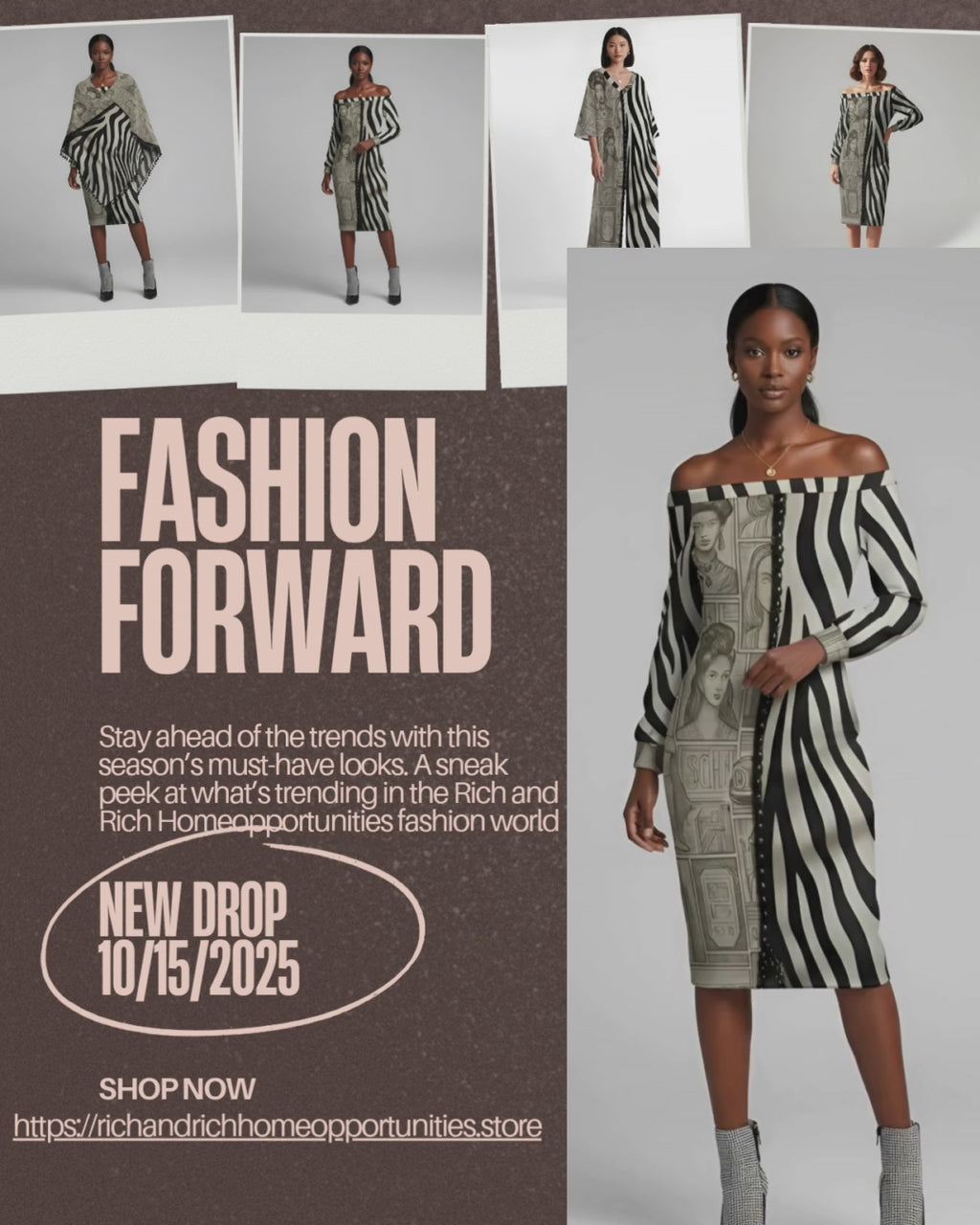 Rich and Rich Black and Beige Print Women's Off Shoulder Long Sleeve Dress