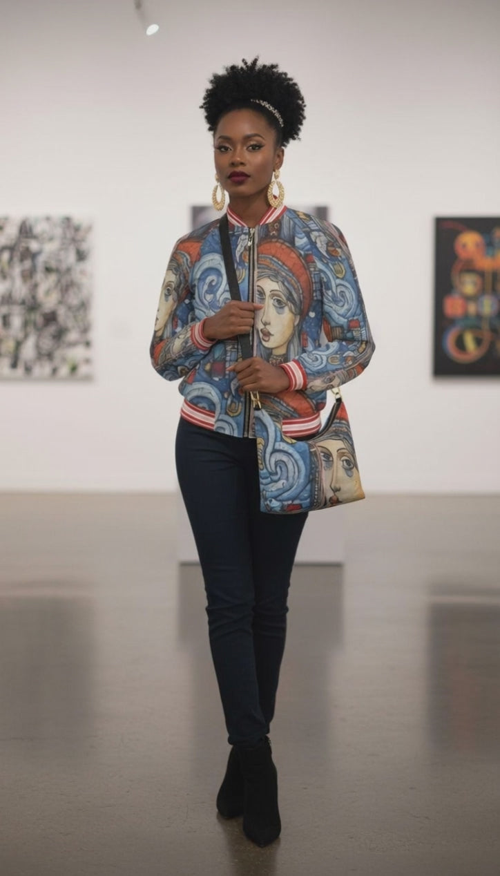 Rich and Rich Women's Whimsical Blue Designer Bomber Jacket