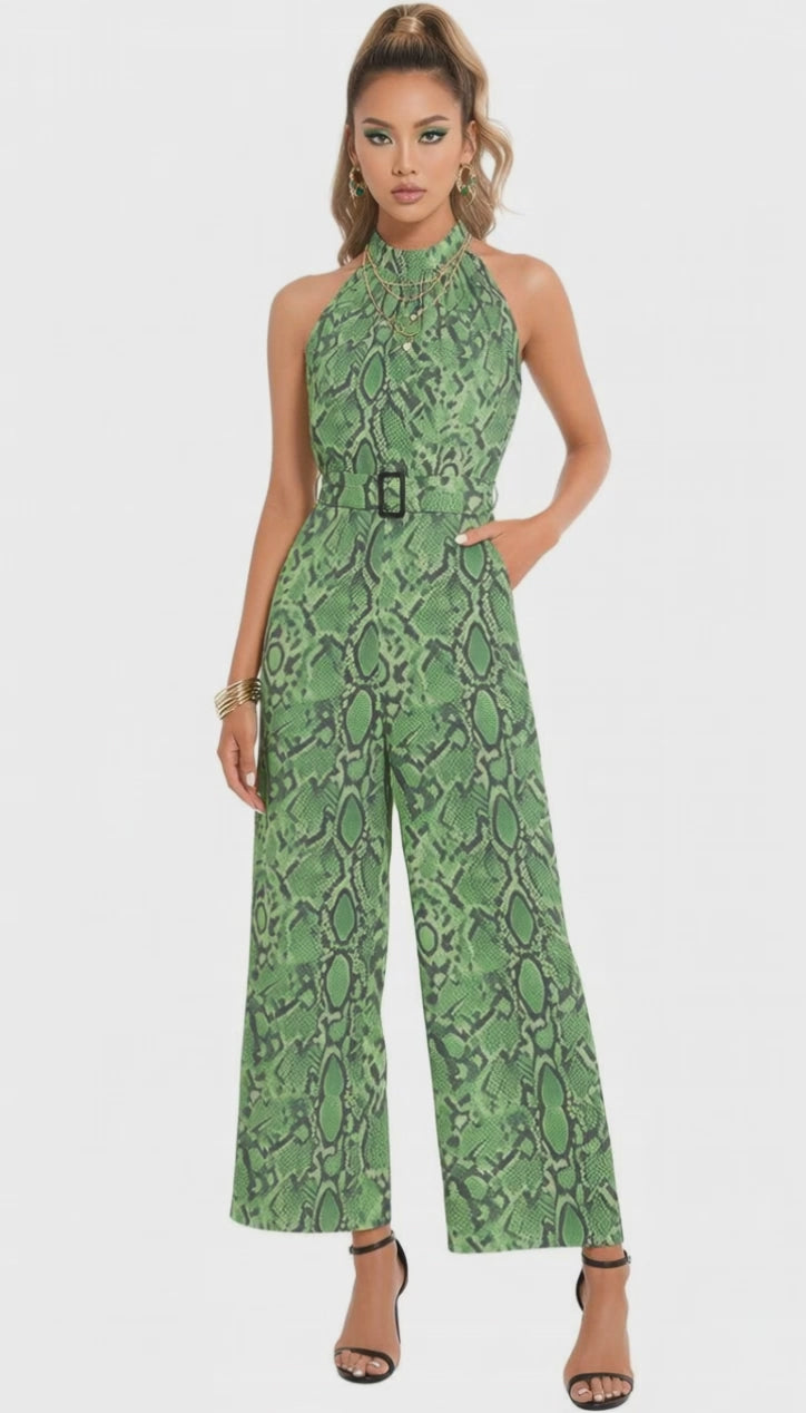 Rich and Rich Green Abstract Halter Neck Buckle Belted Women's Jumpsuit