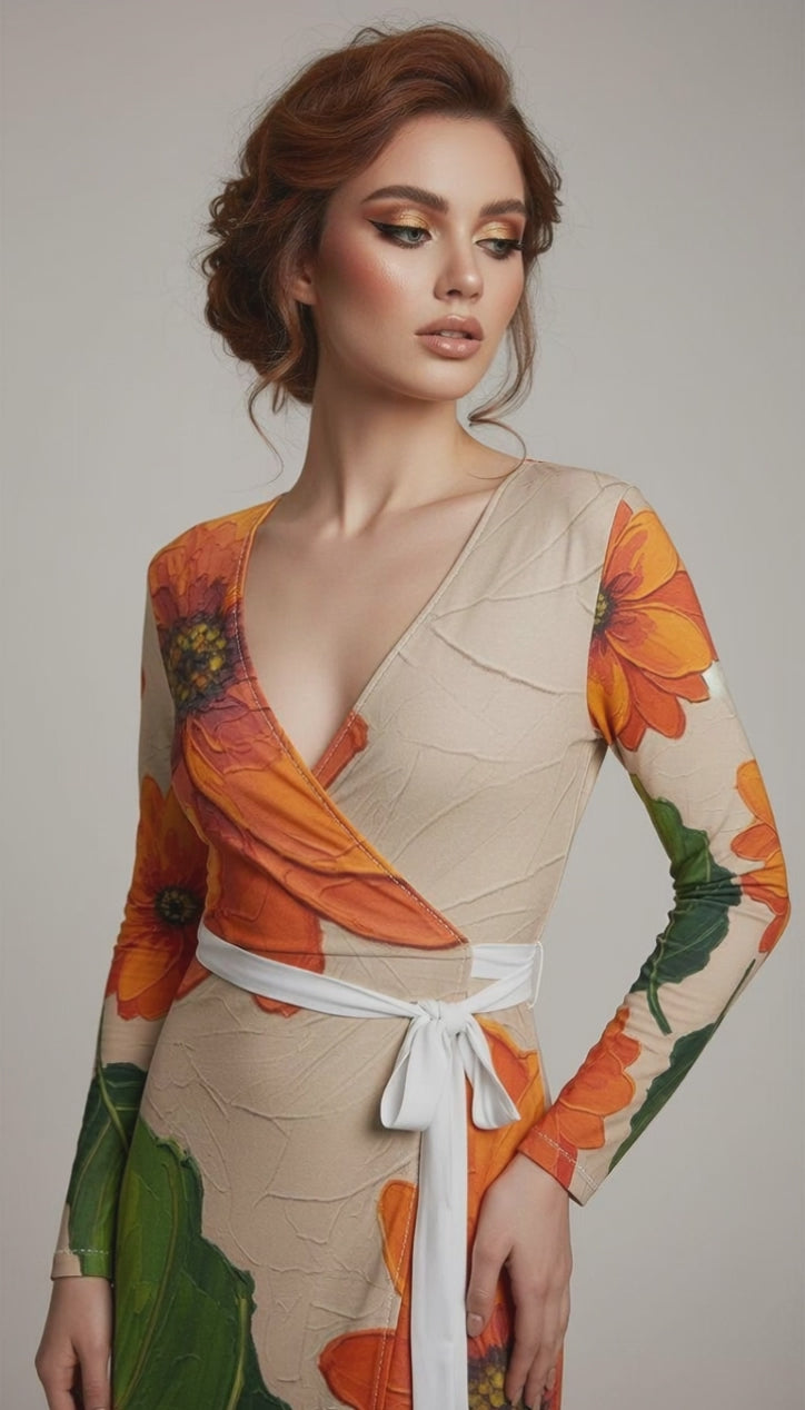Rich and Rich Orange Floral Women's Wrap Dress