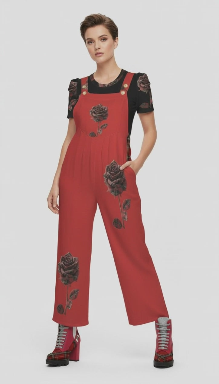 Rich and Rich Red Rose Wide Leg Women's Jumpsuit Sleeveless Straps Pocket Wide Leg Jumpsuit