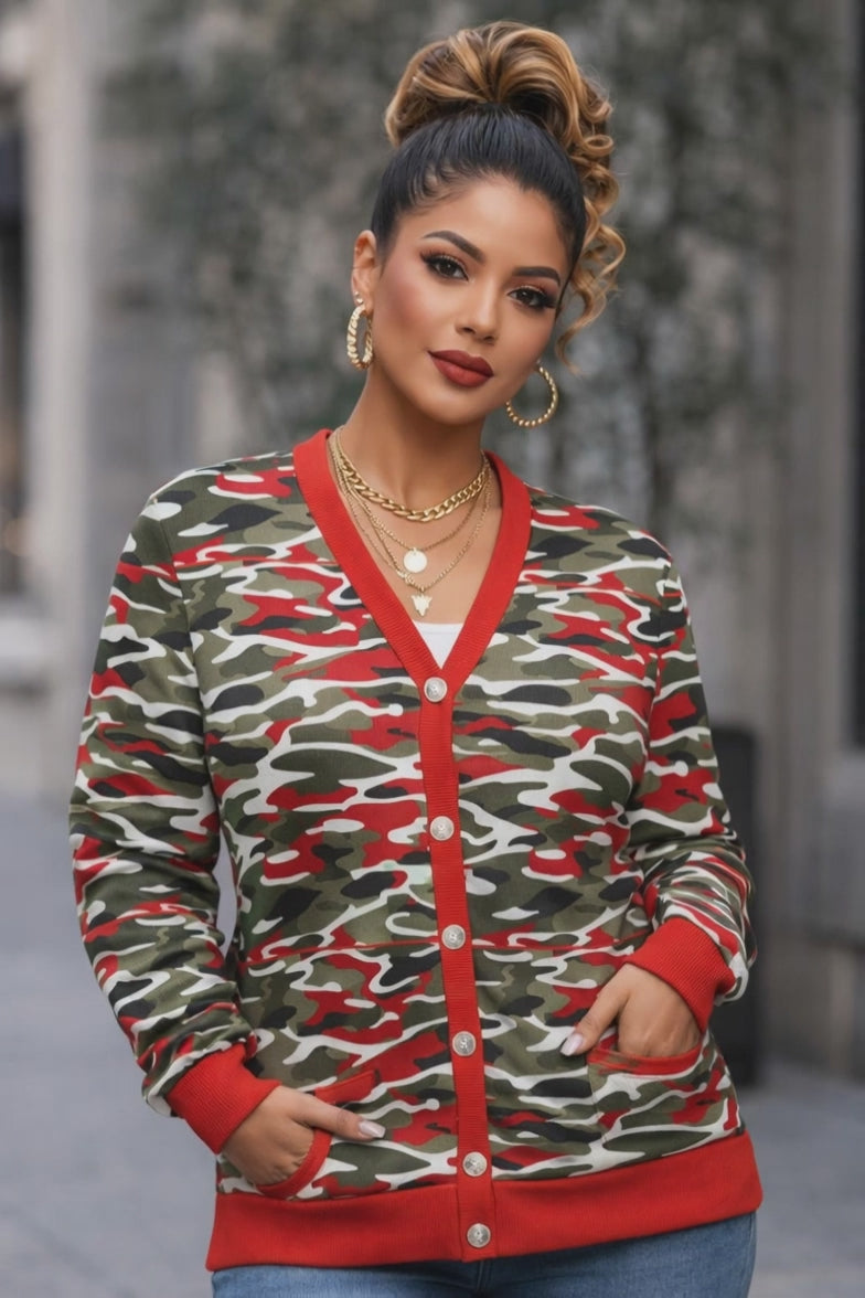 Rich and Rich Camouflage and Red Designer Sweater Women's Ribbed Cardigan