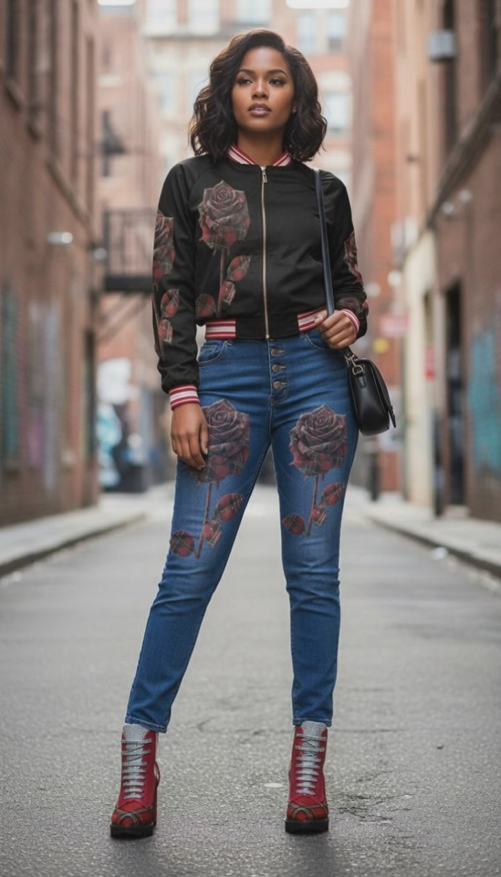 Rich and Rich Red Plaid Rose Women's Bomber Jacket