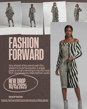 Load and play video in Gallery viewer, Rich and Rich Black and Beige Print Women&#39;s Off Shoulder Long Sleeve Dress
