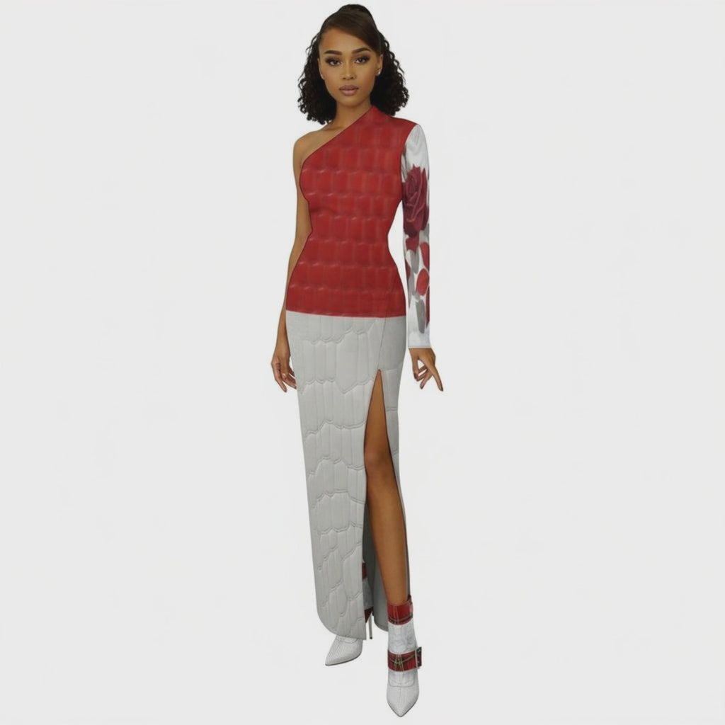 Rich and Rich Red and White Rose Half sleeve split dress One-Shoulder Slit Maxi Women's Dress