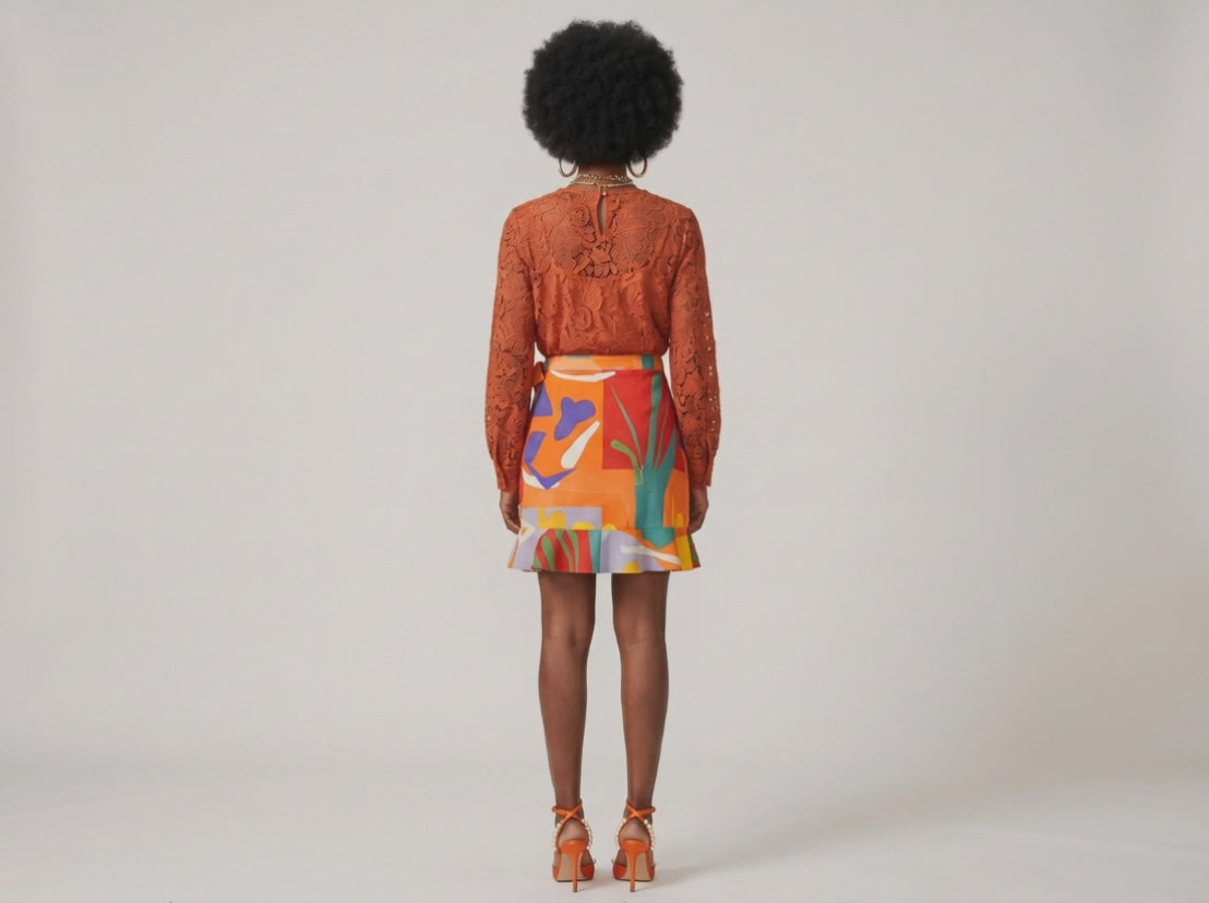 Rich and Rich Orange Abstract Designer Flounce Skirt