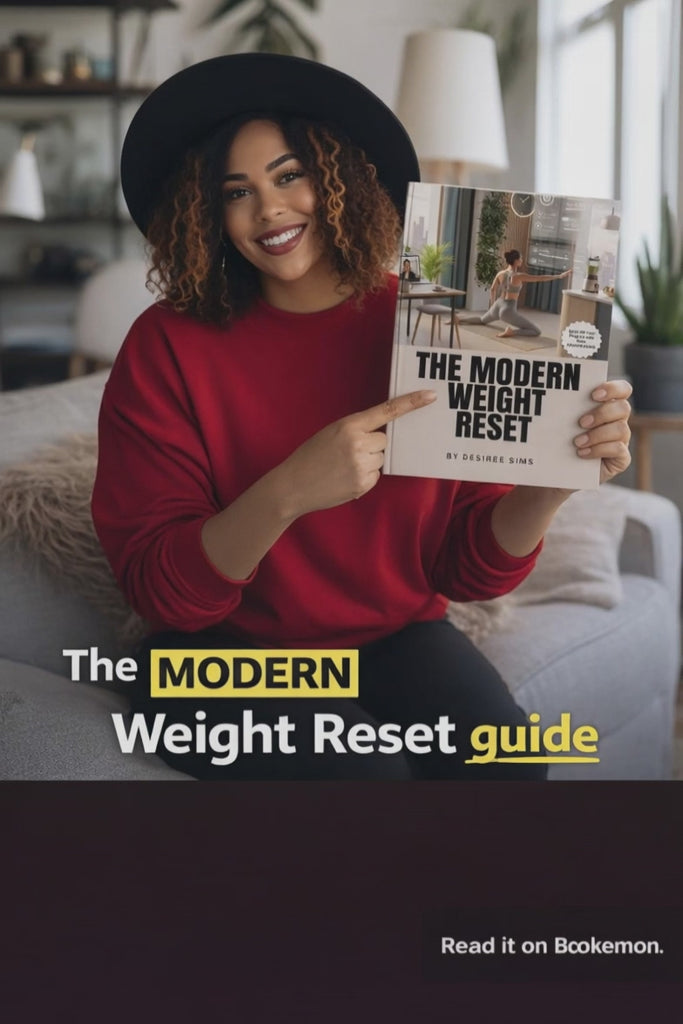 Woman holding a book titled 'The Modern Weight Reset guide' in a cozy living room.