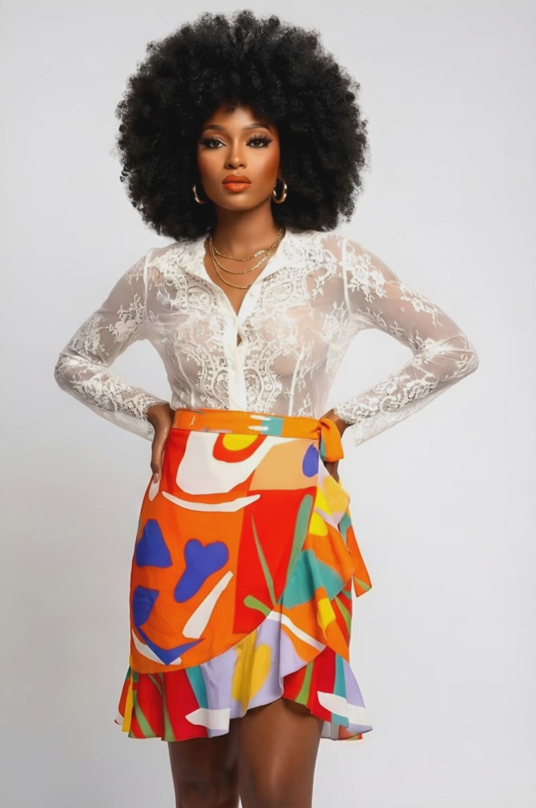 Rich and Rich Orange Abstract Designer Flounce Skirt