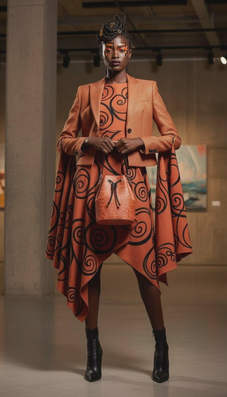 Rich and Rich Orange Abstract Women's Leather Bucket Bag