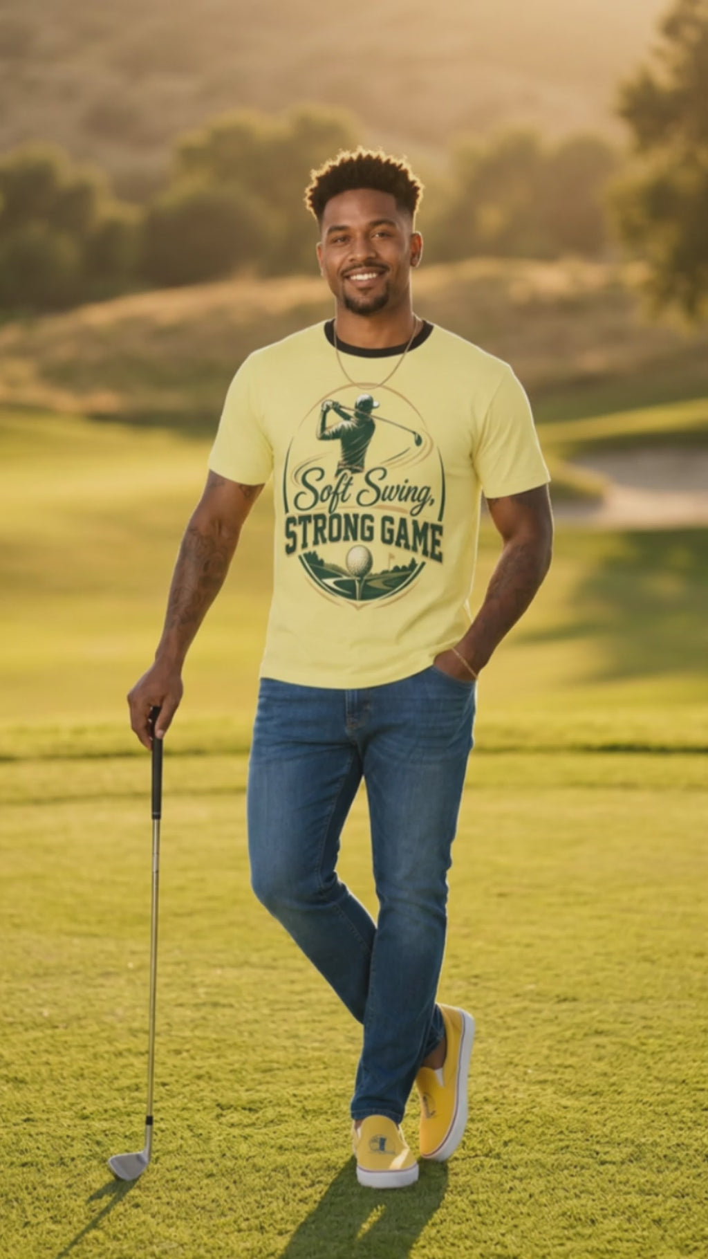 Rich and Rich Men’s Yellow Golfing T-Shirt | Breathable All-Over Print Mesh Golf Tee for Men
