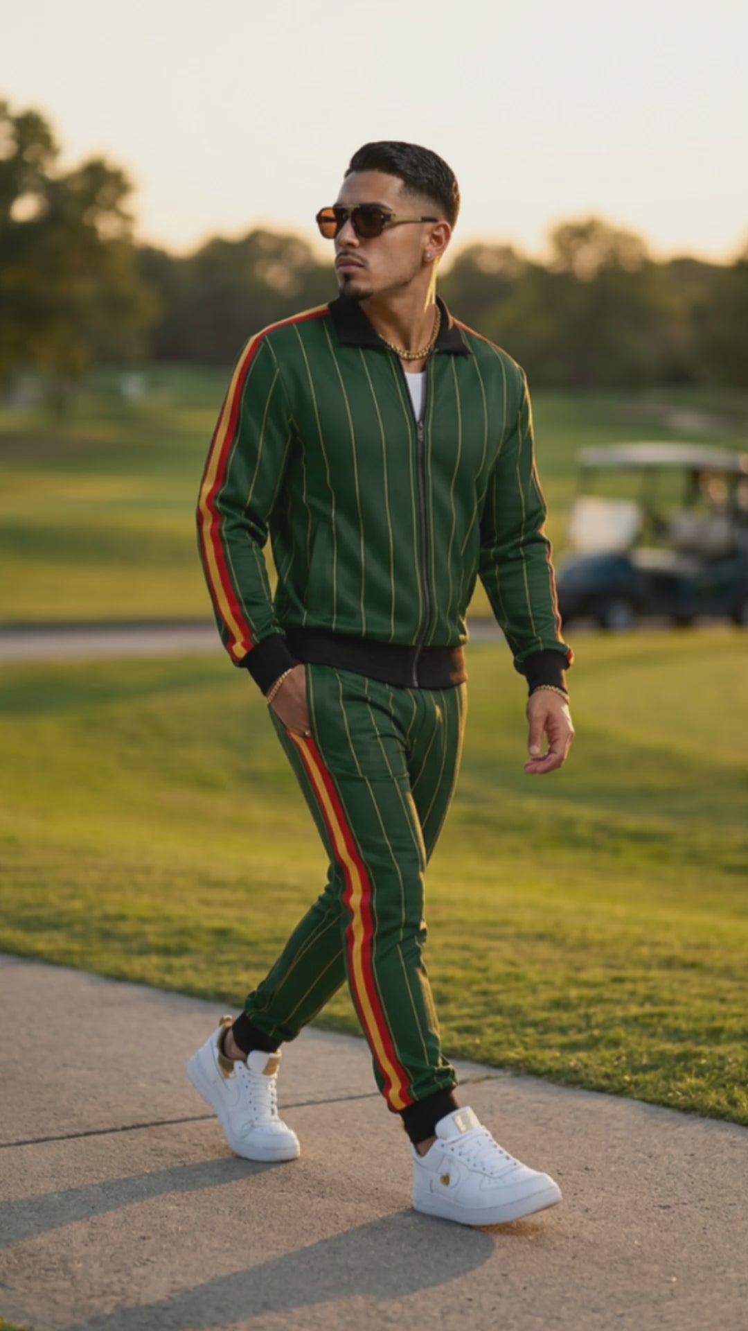 Rich and Rich Men’s Green Pinstripe Tracksuit Jacket | Designer Zip-Up Sports Jacket