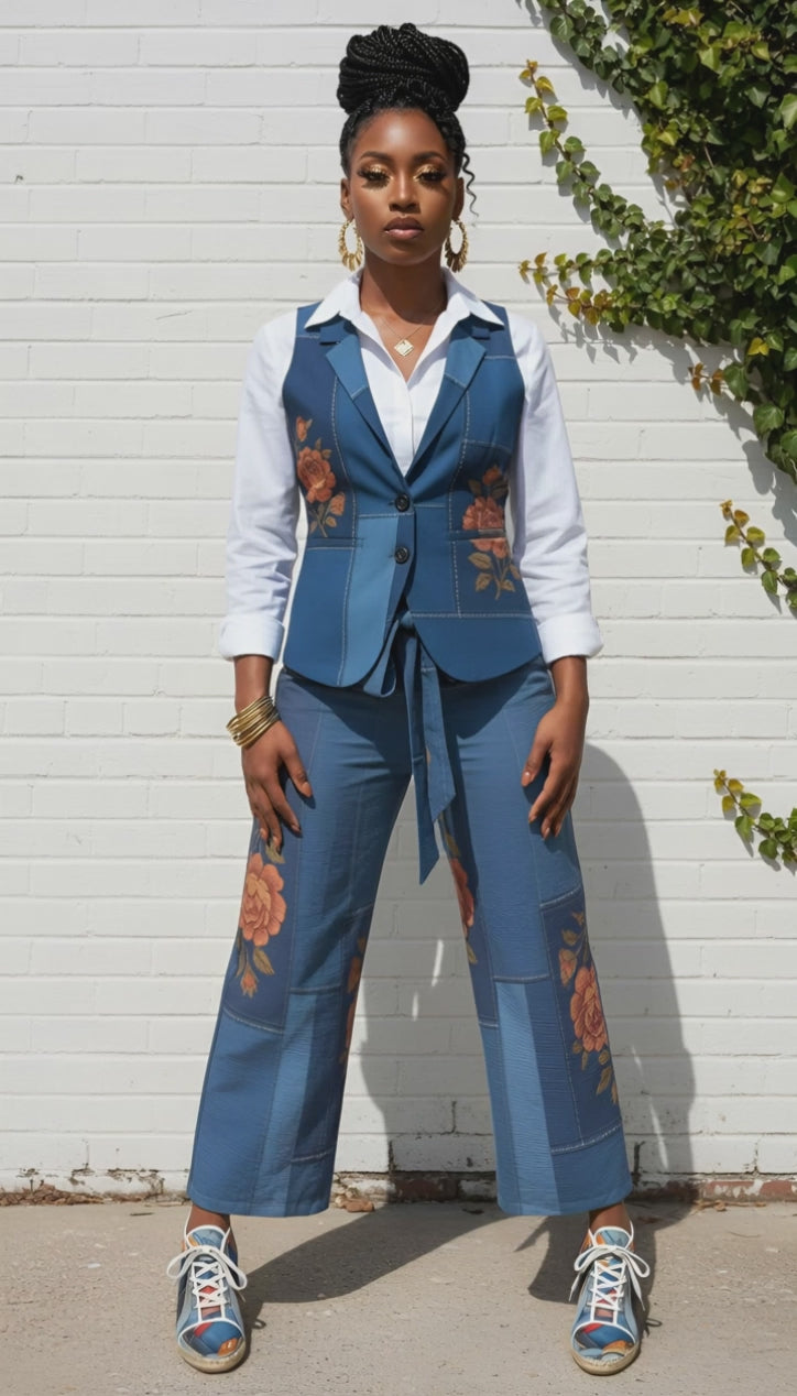 Rich and Rich Blue Floral Geometric Women Sleeveless Blazer