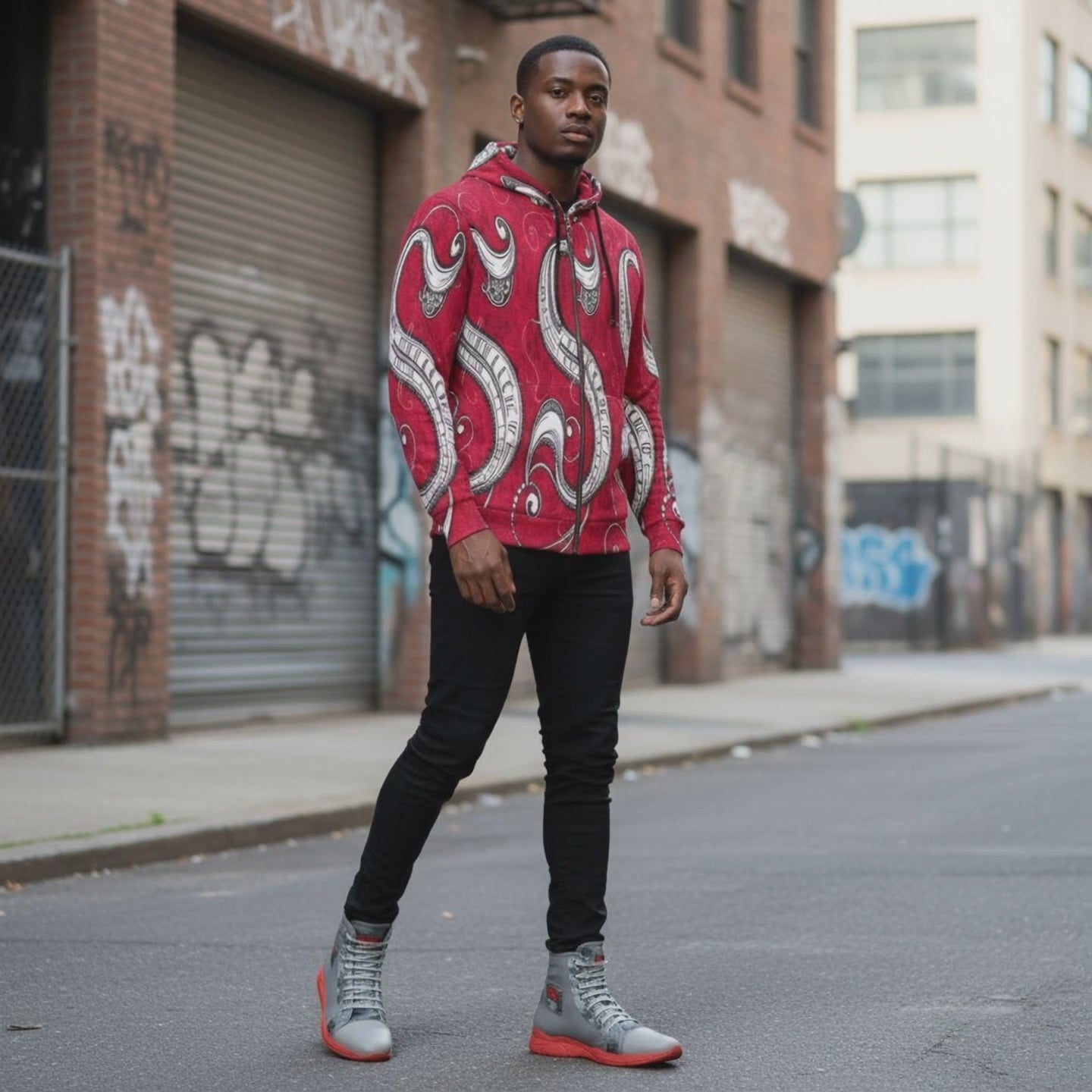 Rich and Rich Red Abstract Men's Designer Zip Hoodie