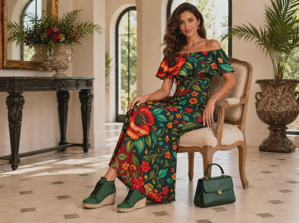 Rich and Rich Embroidered Floral Multicolor Women’s Off Shoulder Ruffle Boat Neck Dress