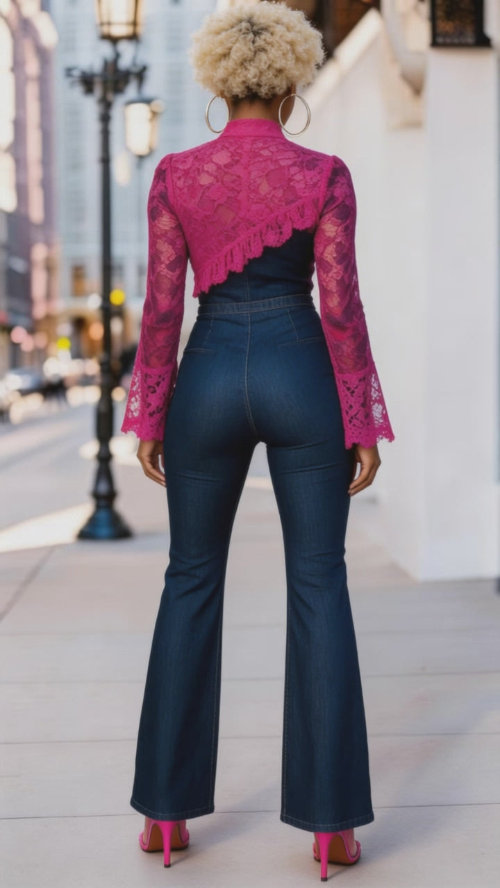Rich and Rich Women’s Jean and Fuchsia Lace Jumpsuit – Stylish Denim Tencel Summer Jumper