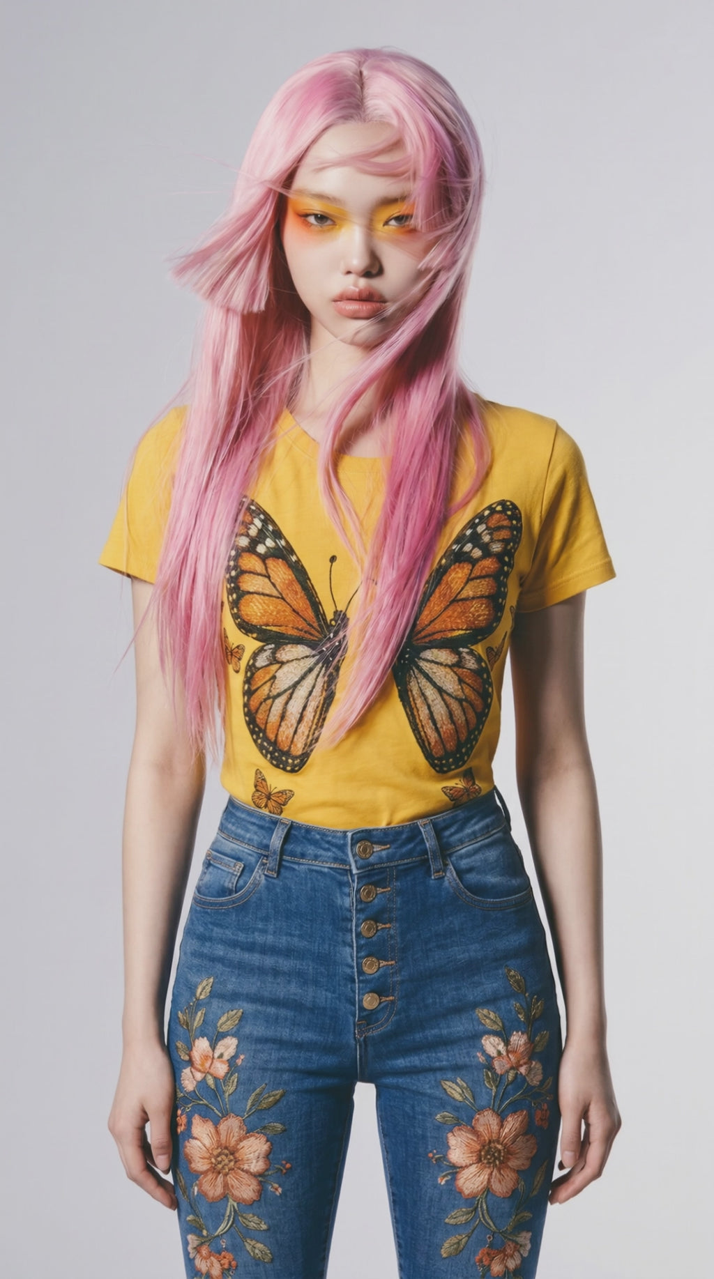 Ensemble denim et t-shirt motif papillon monarque