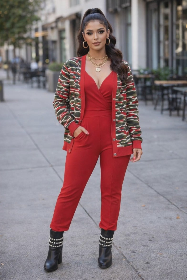 Rich and Rich Camouflage and Red Designer Sweater Women's Ribbed Cardigan