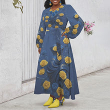 Load and play video in Gallery viewer, Rich and Rich Yellow Blue Roses Round Neck Long Sleeve Belted Maxi Dress Round Neck Long Sleeve Belted Maxi Dress
