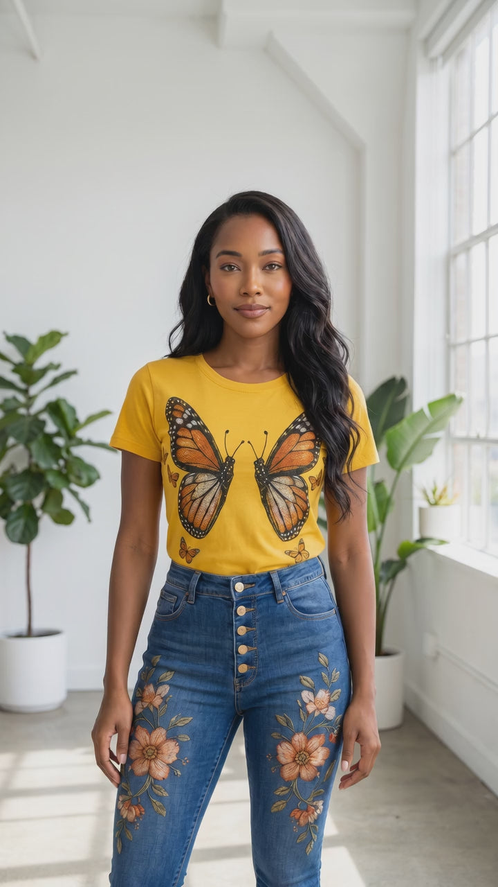 Ensemble denim et t-shirt motif papillon monarque