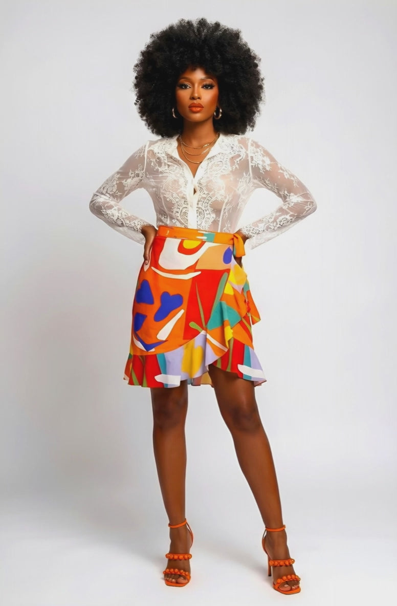 Rich and Rich Orange Abstract Designer Flounce Skirt