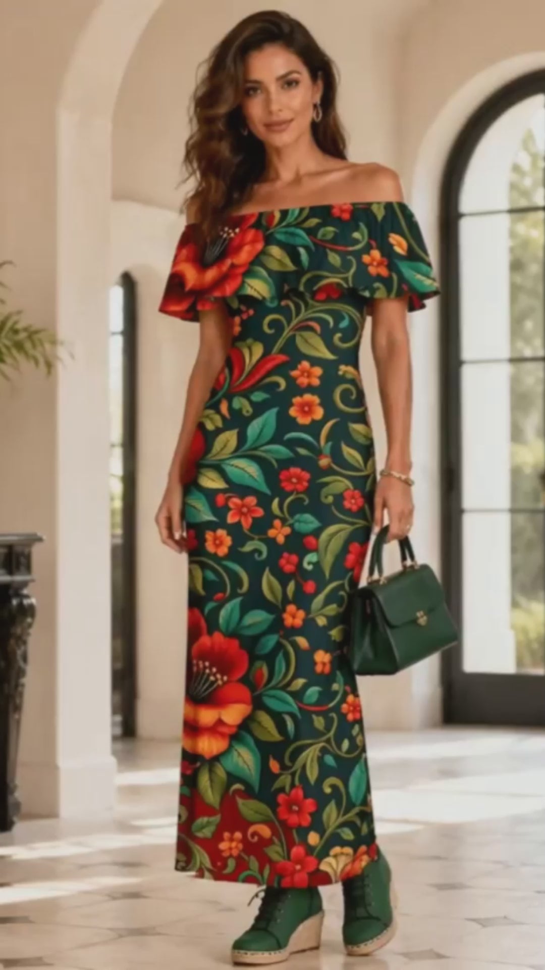 Rich and Rich Embroidered Floral Multicolor Women’s Off Shoulder Ruffle Boat Neck Dress