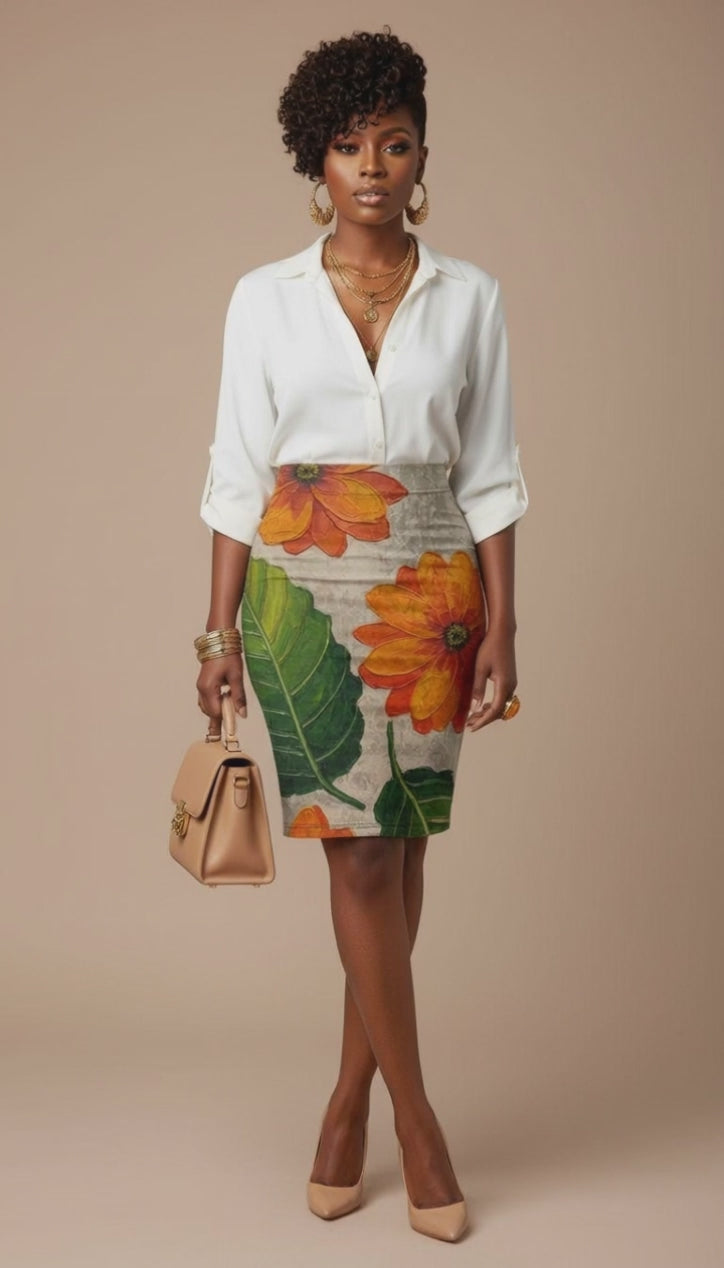 Rich and Rich Orange Floral Women's Pencil Skirt