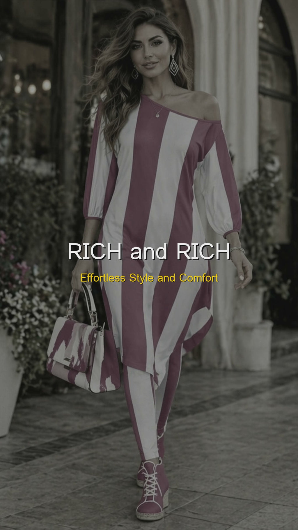 Rich and Rich Pink White Stripe Off Shoulder Women’s Two Piece Set | Stylish Casual Lounge Outfit