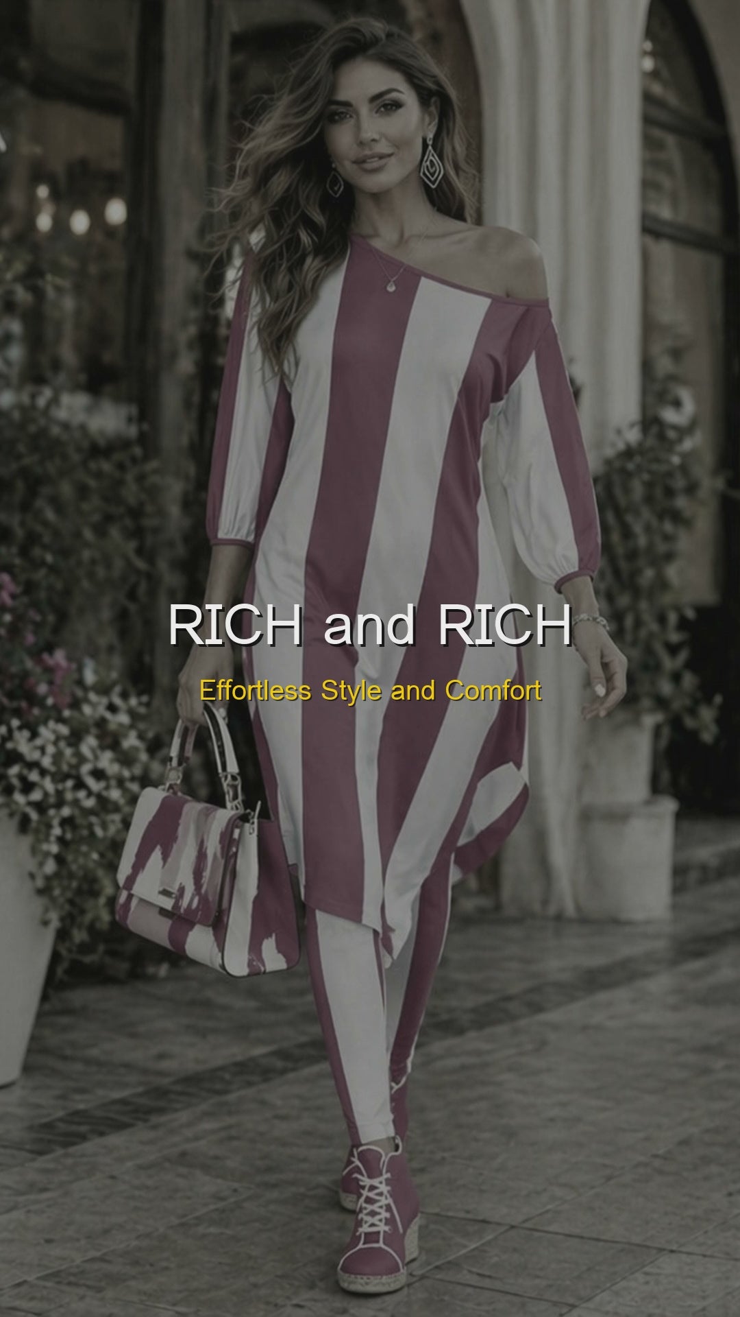 Rich and Rich Pink White Stripe Off Shoulder Women’s Two Piece Set | Stylish Casual Lounge Outfit