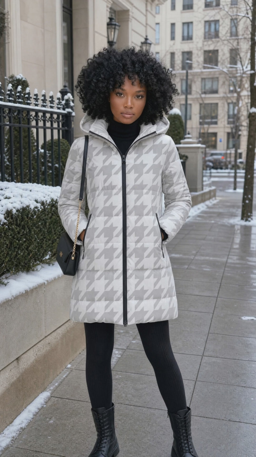 Doudoune à Capuche Pied-de-Poule Blanche Rich and Rich pour Femme | Veste d'Hiver Chaude de Luxe avec Capuche Amovible