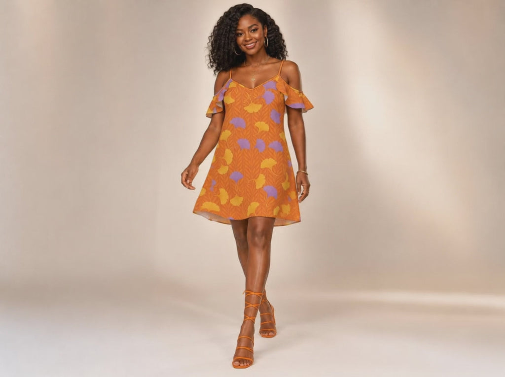 Rich and Rich Orange Floral Women's Spaghetti Strap Cold-Shoulder Ruffle Dress