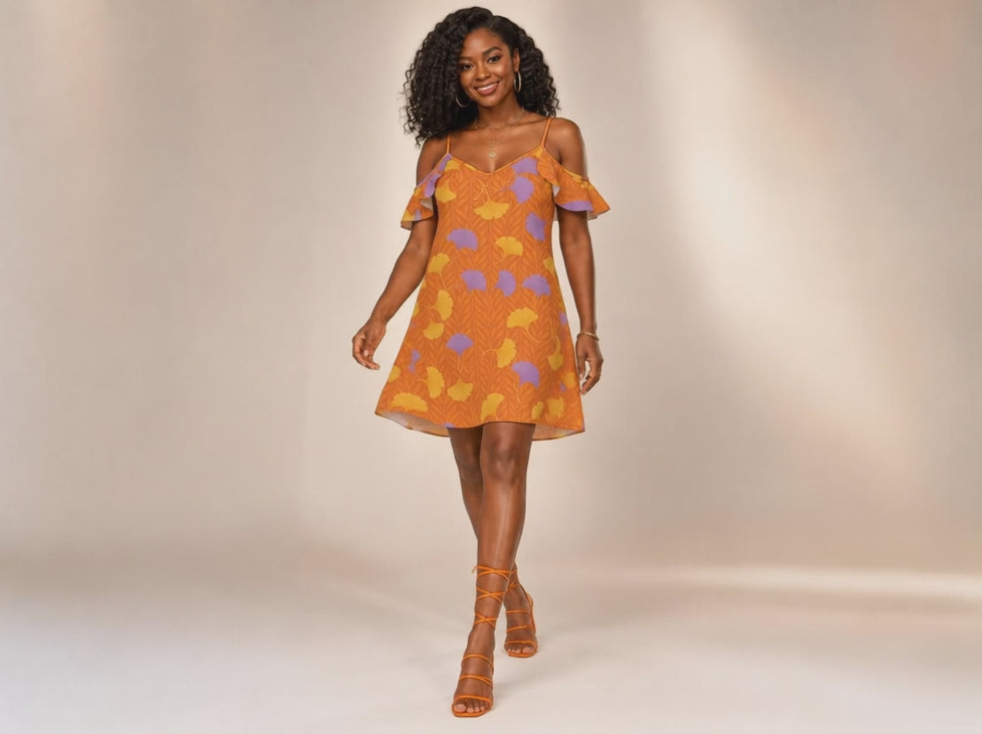 Rich and Rich Orange Floral Women's Spaghetti Strap Cold-Shoulder Ruffle Dress