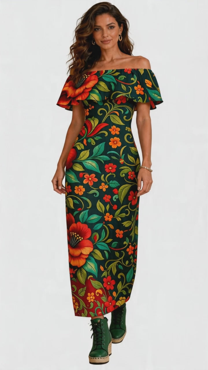 Rich and Rich Embroidered Floral Multicolor Women’s Off Shoulder Ruffle Boat Neck Dress