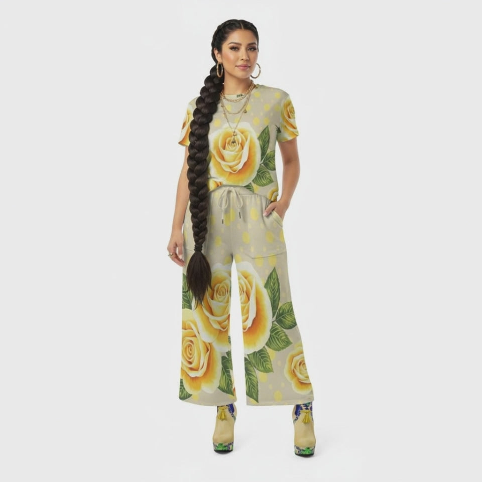 Yellow Rose and Polka Dot Women's  Wide-Leg Pants