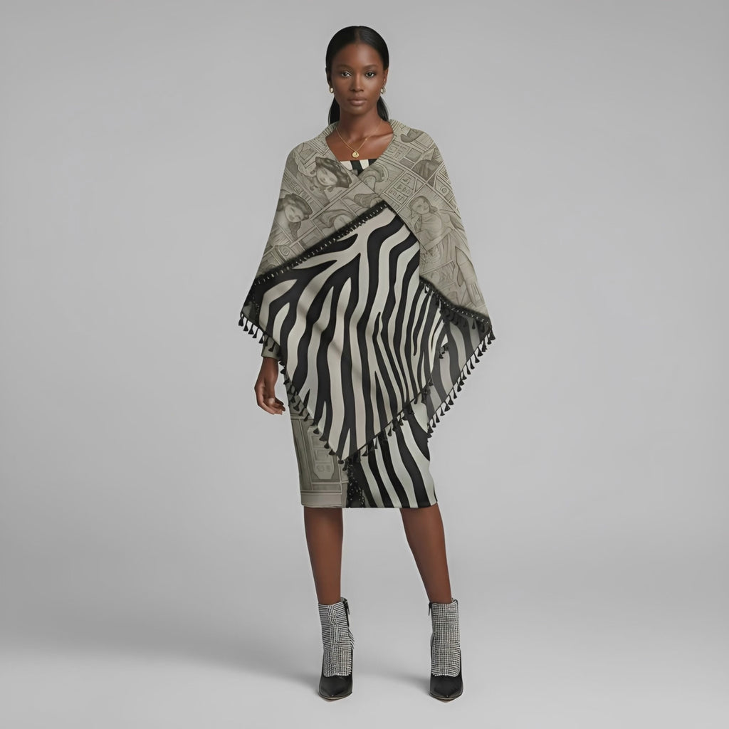 Rich and Rich Black and Beige Print Women's Off Shoulder Long Sleeve Dress