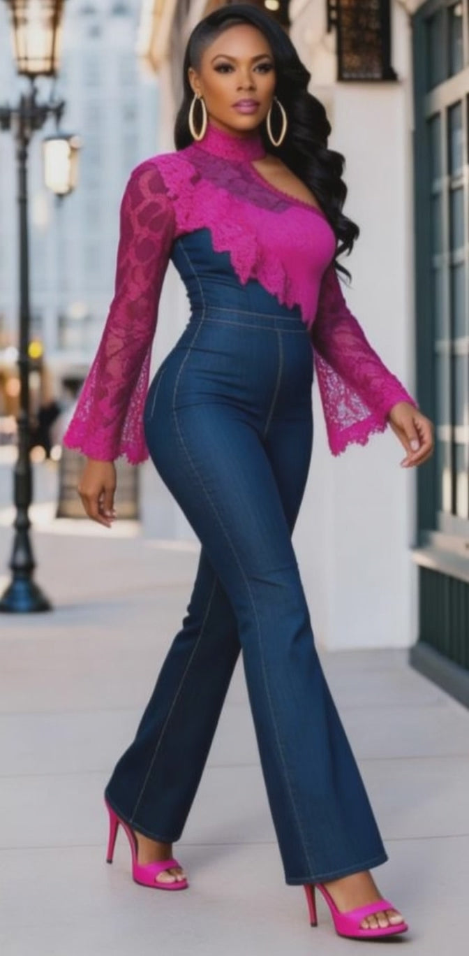Rich and Rich Women’s Jean and Fuchsia Lace Jumpsuit – Stylish Denim Tencel Summer Jumper