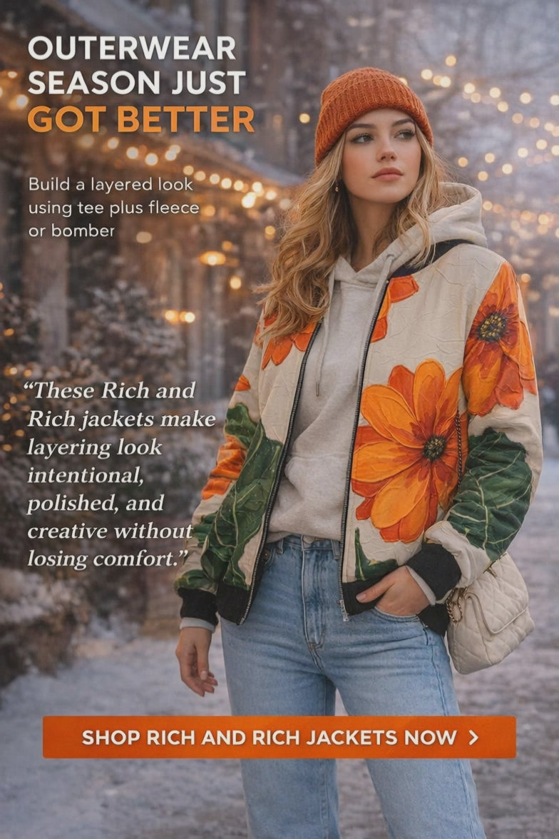 Woman wearing a floral jacket with text promoting Rich and Rich jackets.