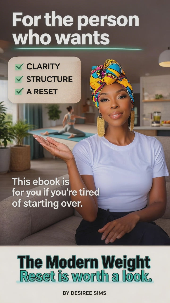 Woman holding a book titled 'The Modern Weight Reset guide' in a cozy living room.