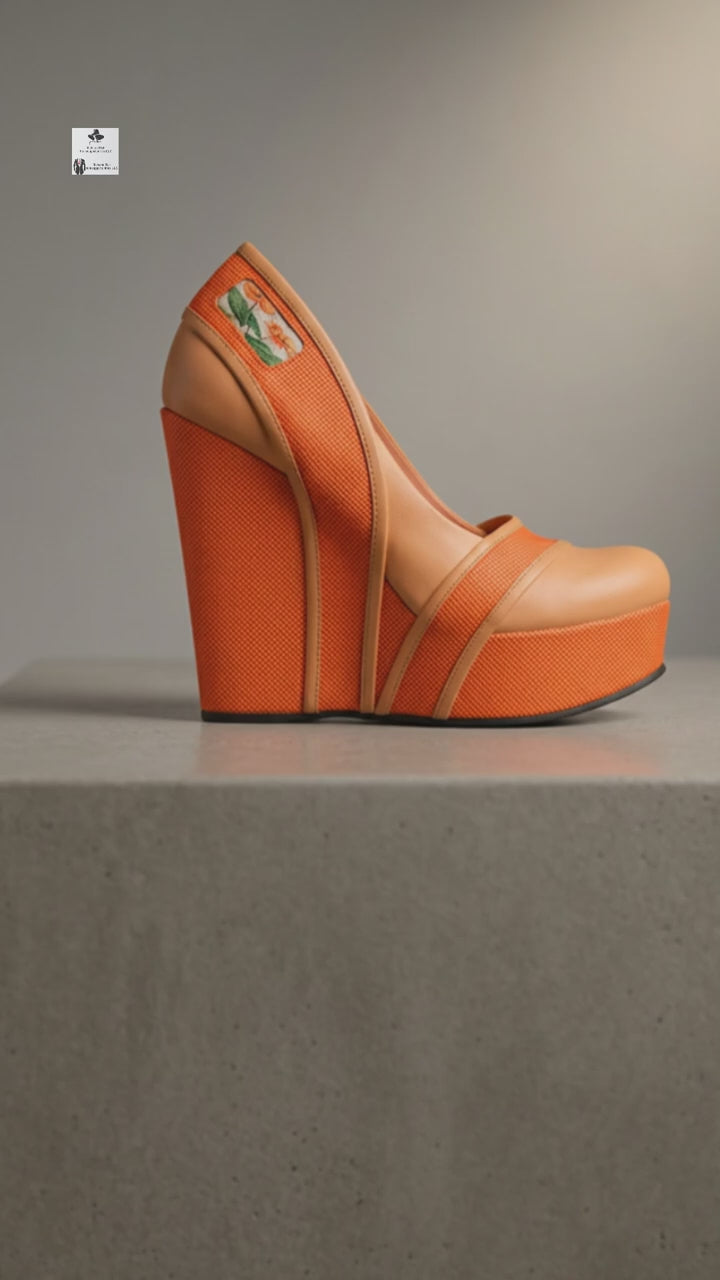Escarpins compensés italiens en cuir orange Rich and Rich BeigeEssence pour femme | Compensées de créateur de 12,7 cm