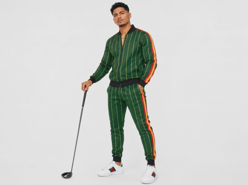 Rich and Rich Men’s Green Pinstripe Tracksuit Jacket | Designer Zip-Up Sports Jacket