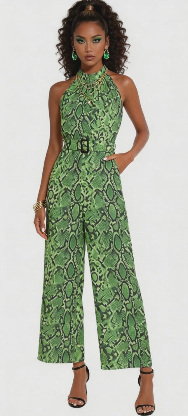 Rich and Rich Women's Green Abstract Print Halter Neck Belted Designer Chiffon Jumpsuit