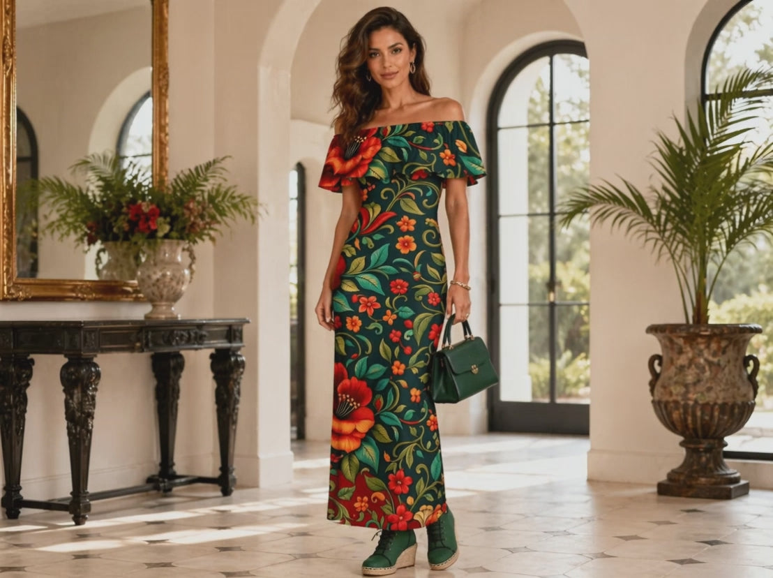Rich and Rich Embroidered Floral Multicolor Women’s Off Shoulder Ruffle Boat Neck Dress