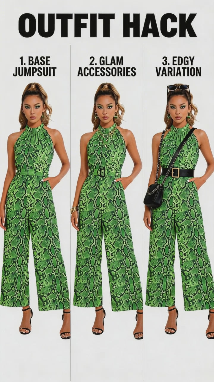 Rich and Rich Women's Green Abstract Print Halter Neck Belted Designer Chiffon Jumpsuit