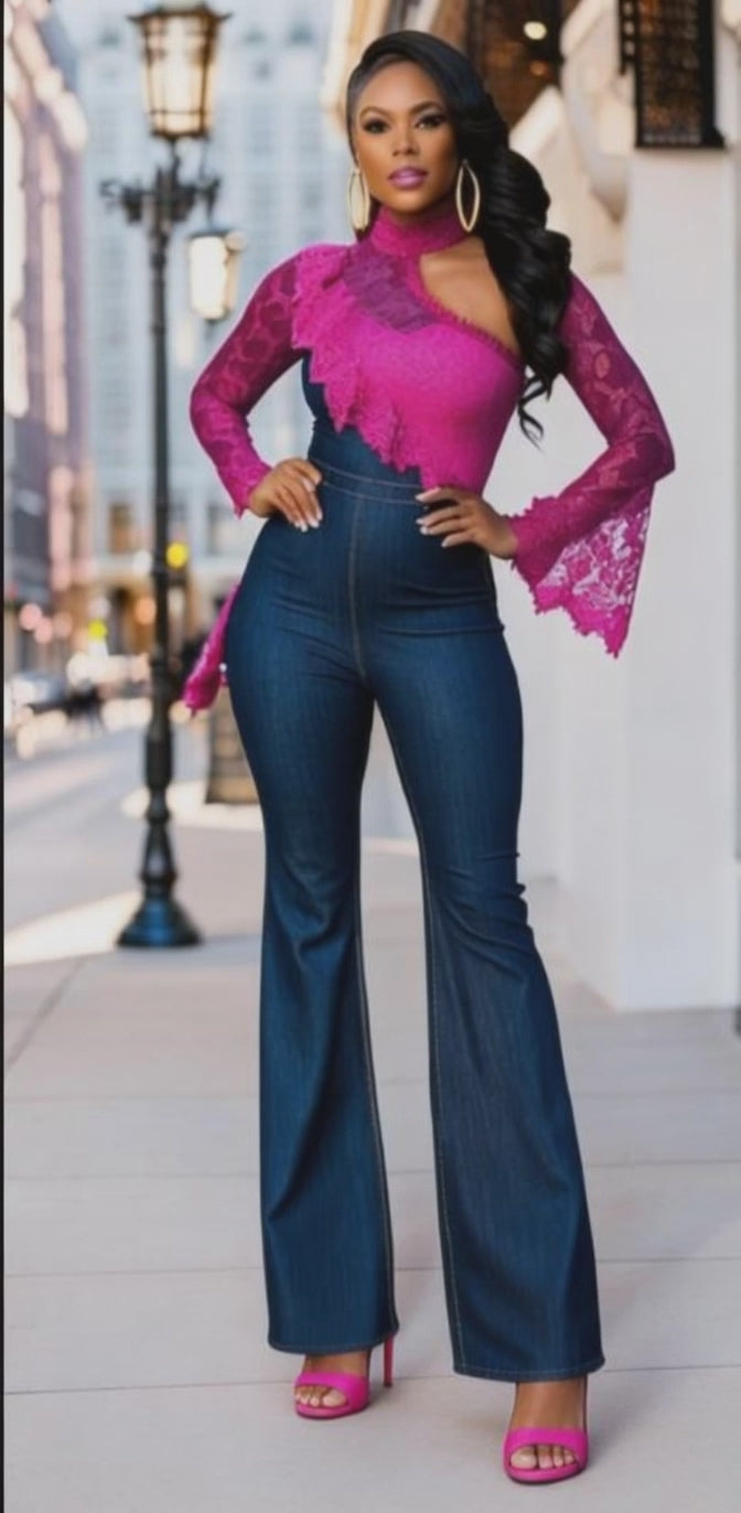 Rich and Rich Women’s Jean and Fuchsia Lace Jumpsuit – Stylish Denim Tencel Summer Jumper